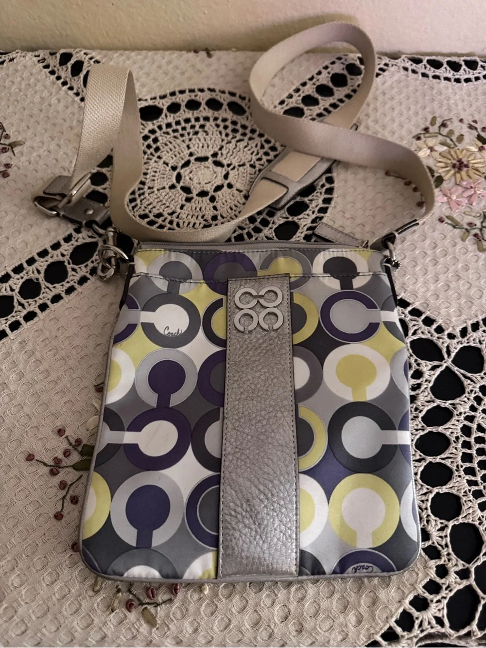 Coach Multicolor Circular-Print Crossbody Bag in Gray, Yellow & Purple